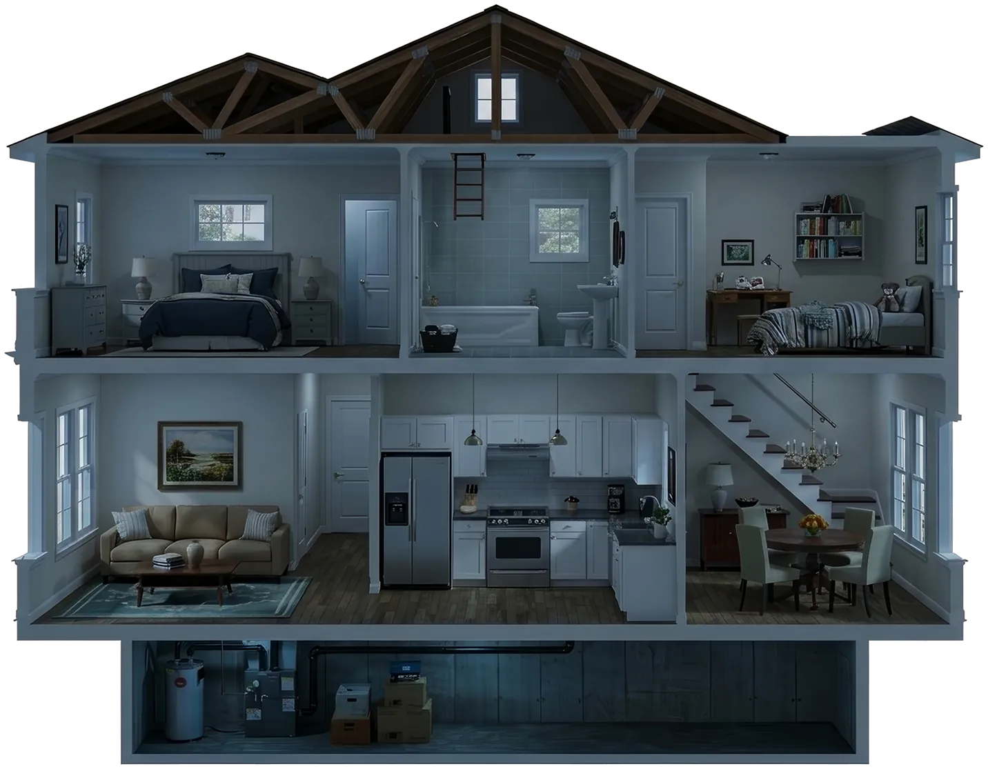 Cross-section of a two-story house showing every room