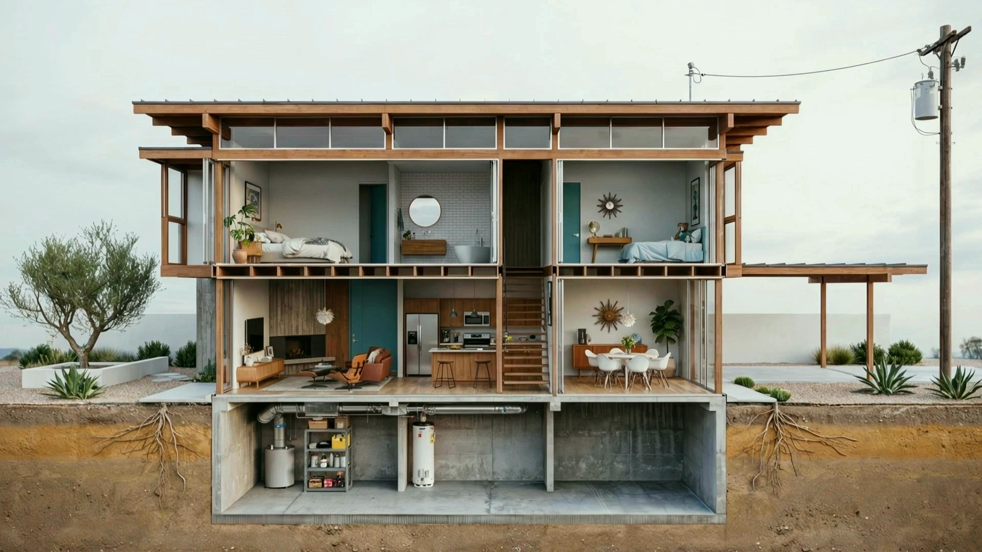 Cutaway of a mid-century modern house showing every room, with a utility pole in the yard
